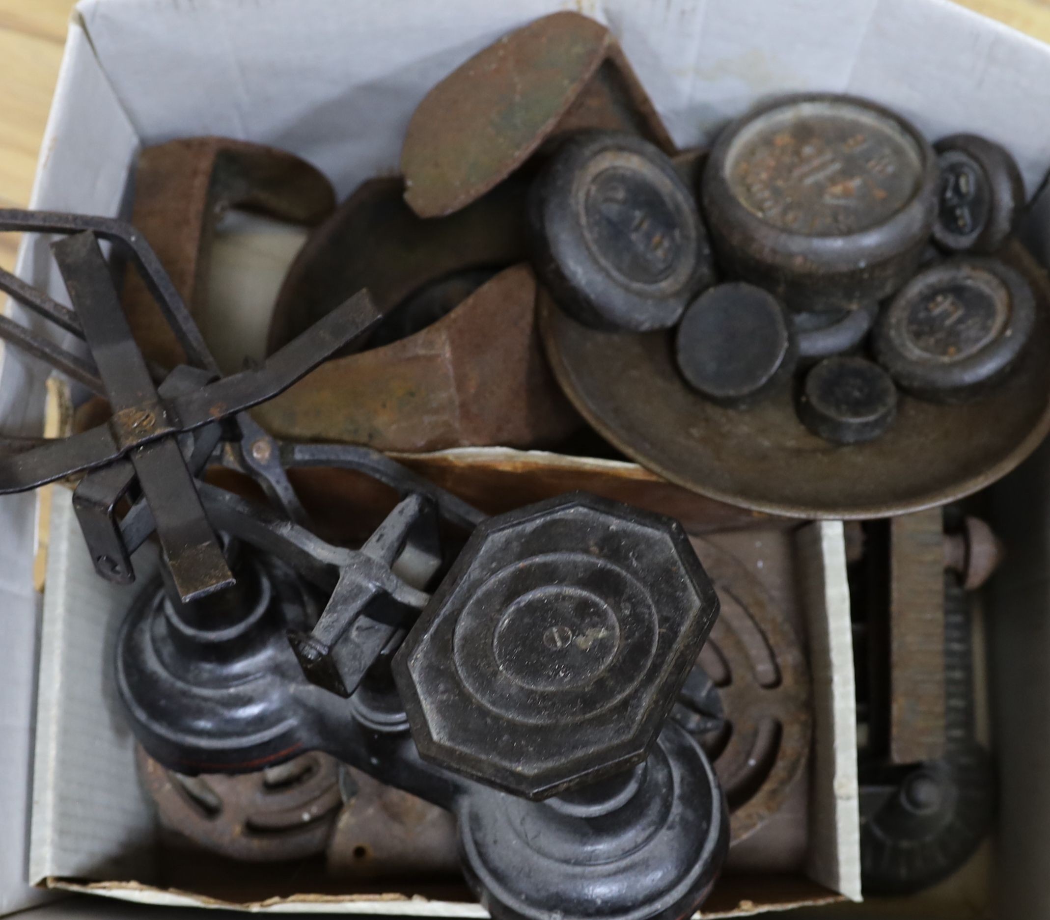 A cast iron boot scraper, weighing scales etc